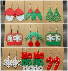 christmas themed wooden earrings are displayed in different styles and colors, along with the words ho ho ho ho on them