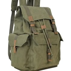 Dimension: 15 * 10.5 * 8" Laced-Up Closure Under Flap Over Panel Three Outside Flap Over Button Closure Pockets Internal Zipper Pocket Vintage Brass Fitting Hardware;16oz Durable Thick Canvas Green Canvas Backpack, Sport Canvas, Green Backpacks, Estilo Hippy, Dimension 20, Zero Tolerance, Classic Backpack, Canvas Backpack, Large Backpack