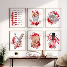 four framed art pieces with nail polish and manicures on the wall above a table