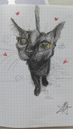 a drawing of a black cat with yellow eyes on a piece of lined notebook paper