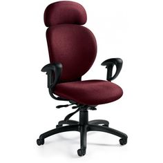 a red office chair with arms and wheels