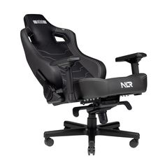 an office chair that is black and has no wheels on the back, but it's up against a white background