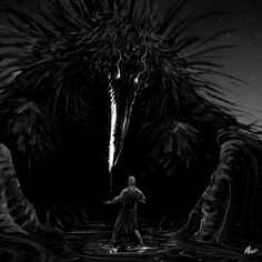 a man standing in front of a giant monster