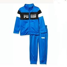 Puma Little Boys 2 Pc Track Set. Includes Jacket & Jogger Pants. Condition Is Brand New W/Tags. 100% Polyester. Size Is 6/7 . Color: Blue. Sporty Winter Sports Sets, Sports Sets With Pockets, Sportswear Sets With Pockets For Sports, Blue Spring Tracksuit Sportswear, Winter Sports Sets With Pockets, Blue Athleisure Activewear For Playwear, Sporty Blue Tracksuit For Spring, Blue Sportswear Sets For Training, Blue Sportswear Training Set