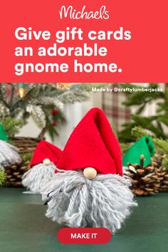 a christmas card with an elf's hat on it and the words give gift cards an adorable gnome home