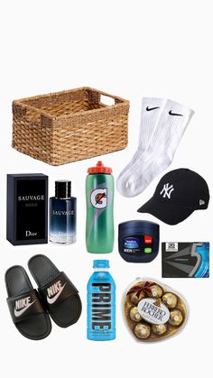 the contents of a man's travel bag including shoes, socks and water bottles