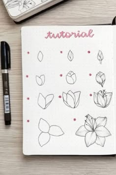 an open notebook with flowers and leaves drawn on it next to some markers, pens and pencils