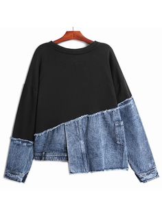 Toloer Loose Fit Denim Irregular Sweatshirt New Round Neck Long Sleeve Women Big Size Fashion Tide Spring Autumn 2023 1DE6103