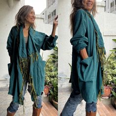 Handmade boho stone wash fringe duster. 100% cotton. color 2 tone. 2 Pockets in the front. There is a big size coconut button so can be worn 2 different ways open style Or wrap in the front. Measurements: One size fit all. Length 35 inches. Sleeve length 23 inches. CARE: Machine wash cold separate.Machine wash cold.Machine wash cold. .These kimono are made from Raw Cotton- In the process of making these kimono the cotton has to be washed and processed before it lands in its comfortable wearable state. Fringe Jacket, Blanket Wrap, Handmade Boho, Kimonos, Big Size, One Size Fits All, Cardigans, Thailand, Jackets & Coats