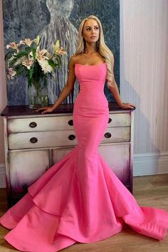 Pink Prom Dresses Mermaid, Neon Prom Dress, Botton Down Dress, Neon Prom Dresses, Dresses By Style, Prom Dresses Long Pink, Look Rose, Gaun Fashion, Strapless Prom Dress