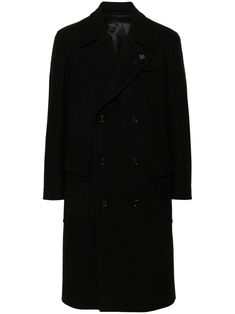 black virgin wool blend logo plaque notched lapels double-breasted button fastening front flap pockets long sleeves straight hem mid-length This item is in size 50 and the color is Black Formal Double-breasted Pea Coat With Concealed Placket, Designer Wool Pea Coat With Double-breasted Buttons, Designer Double-breasted Pea Coat With Hidden Buttons, Designer Wool Coat With Double Button For Business, Luxury Black Wool Coat With Double-breasted Button, Designer Double-breasted Pea Coat For Business, Designer Formal Pea Coat With Double Button Closure, Designer Double Button Pea Coat For Business, Designer Formal Pea Coat With Hidden Button Closure