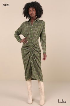 Cooler days always get us searching for the perfect fall looks, like the Lulus Seasonal Spirit Green Plaid Ruched Long Sleeve Midi Dress! Lightweight woven fabric boasts a timeless plaid pattern as it shapes long sleeves (with button cuffs) and a collared neckline. Functional button placket runs the length of the dress, across a fitted waist and a strategically ruched skirt that finishes at a midi hem. Fit: This garment fits true to size. Length: Mid-calf length. Size medium measures 47" from sh Plaid Long Sleeve Dress For Daywear, Midi-length Plaid Dress For Fall, Fall Plaid Dress For Workwear, Chic Plaid Midi Dress For Fall, Chic Midi-length Plaid Dress For Fall, Plaid Midi Length Dress For Daywear, Plaid Midi Dress For Daywear, Ruched Skirt, Sleeve Midi Dress