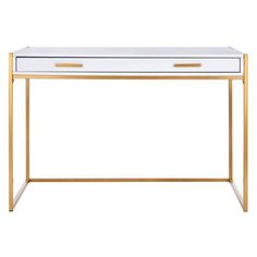 a white and gold desk with two drawers on the top, in front of a white background