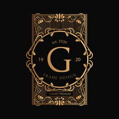 the golden g logo on a black background with an elegant frame and floral design in gold