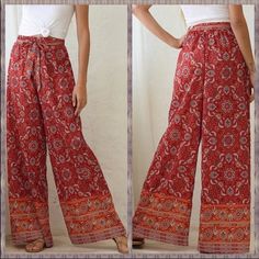 Palazzo Pants Floral In Orange Red White Sz S M New Flowy Wide Leg Flat Elastic Waistband Coordinating Self Tie Waist Looks Elegant Paired With A Simple White Tee Fabric Content Poly Approximate Measurements Lying Flat : S Waist (Elastic) 13”, Rise 15”, Inseam 29” Leg Opening 14.5” Loose Fitting Pants, Boho Pants, Flowy Pants, White Floral Dress, Red Pattern, Simple White, White Tee, Palazzo Pants, Cool Patterns