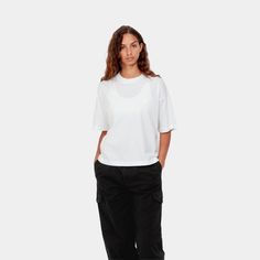 Color: White - Woven from lightweight organic cotton jersey in a loose fit, the Women's S/S Chester T-Shirt is cropped in length and has dropped shoulders. A tonal embroidered Carhartt WIP 'C' Logo completes the design. _* 100% organic cotton, Loose fit, cropped length, fits true to size, tonal logo embroidery Boxy Fit Cropped Cotton T-shirt, Cropped Boxy Cotton T-shirt, Basic Relaxed Fit Cropped T-shirt For Spring, Spring Basic Relaxed Fit Cropped T-shirt, Relaxed Fit Cropped T-shirt, Oversized Cropped T-shirt For Everyday, Relaxed Cotton Cropped T-shirt With Short Sleeves, Everyday Oversized Cropped T-shirt, Basic Cotton Cropped Shirt For Everyday