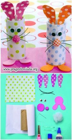 paper roll crafts with bunny ears and polka dots on the top one is made from toilet paper