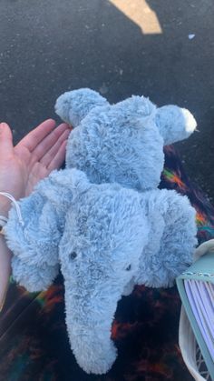 a person holding a blue stuffed animal in their left hand on the ground next to other items