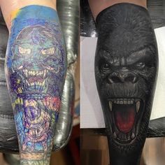 two different tattoos on the legs of people, one with a gorilla head and another with a demon face