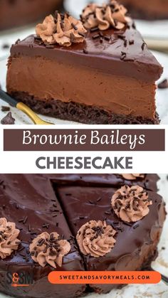 a slice of easy brownie baileys cheesecake Cheez Cake Recipes, Elegant Cheesecake, Bailey's Cheesecake, Hot Fudge Cake, Baileys Cheesecake, Hot Chocolate Fudge, Brownie Cheesecake, Trifle Desserts, Torte Cupcake