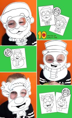 a collage of pictures showing how to make a paper mask with the same character