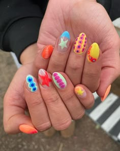 IN LOVE WITH THESE NAILS HOLY 🐄 Cute Funky Nails Summer, Fun Summer Nails 2024, Bright Fun Nails, Funky Summer Nails, Teen Nails, Summery Nails, Grand Haven, Glow Nails, Classy Acrylic Nails