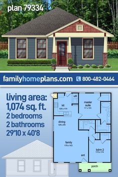 two story house plan with 2 bedroom and 1 bathroom in the front, one living area on