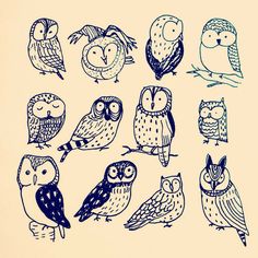 an image of many different owls on a white background in blue and green inks