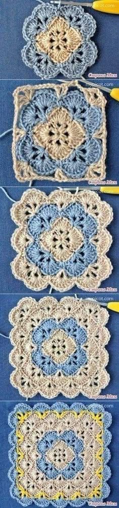 four rows of crocheted doily on a blue surface