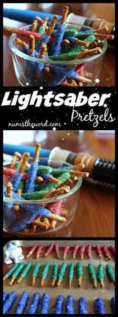 there are two pictures of different colored pretzels in a glass bowl on the table