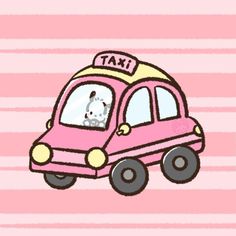 a pink car with a dog in the cab