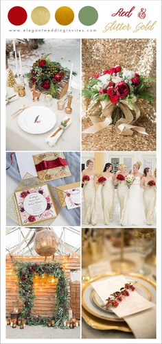 a collage of photos with red and gold accents