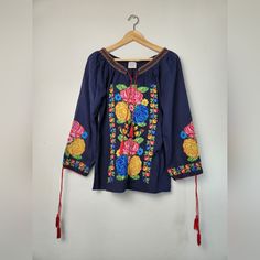 Nwot Women's Medium Blouse Multicolor Folk Top For Fall, Pink Folk Style Top For Spring, Multicolor Long Sleeve Peasant Blouse, Pink Folk Blouse For Spring, Pink Folk Style Spring Blouse, Casual Blue Peasant Top With Floral Embroidery, Blue Folk Style Blouse For Spring, Spring Folk Style Blue Blouse, Blue Folk Top For Spring