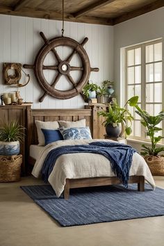 a bedroom with a bed, rug and wooden ship wheel on the wall above it