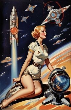 a woman is sitting on the ground next to a space station with a rocket ship in the background