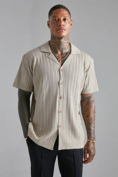 Short Sleeve Revere Cable Knit Shirt | boohooMAN USA Manly Outfits, Bald Style, Dance Fits, 90s Fashion Men, Herren Style, Cocktail Casual, Party Mode, Boys Outfits, Streetwear Mens