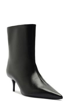 A pointy toe and tapered heel balance a sleek leather bootie that will complement your polished looks. 2 1/4" heel Pull-on style Leather upper, lining and sole Made in Brazil Classic Pointed Toe Boots With 4-inch Heel, Modern Boots With 4-inch Heel And Pointed Toe, Sleek Heeled Boots With 4-inch Heel For Formal Occasions, Sleek High Ankle Boots With 4-inch Heel, Pointed Toe Heeled Boots With 4-inch Heel For Work, Sleek High Ankle Heeled Boots With Sculpted Heel, Sleek High Ankle Boots With Sculpted Heel, Pointed Toe Boots With Sculpted Heel Medium Width, Pointed Toe Heeled Boots With Padded Heel