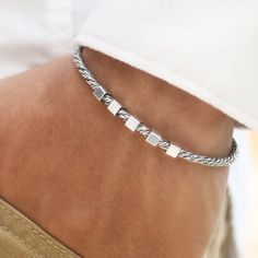 Modern Silver Stackable Chain Bracelet, White Gold Sterling Silver Bracelets With Box Chain, Silver Sterling Silver Braided Bracelet With Box Chain, White Gold Bracelet With Sterling Silver Clasp, White Gold Bracelet With Sterling Silver Clasp For Gift, Adjustable Modern Sterling Silver Chain Bracelet, Modern Silver Braided Bracelet For Everyday Wear, Everyday Silver Jubilee Braided Bracelet, Silver Braided Bracelets As A Gift