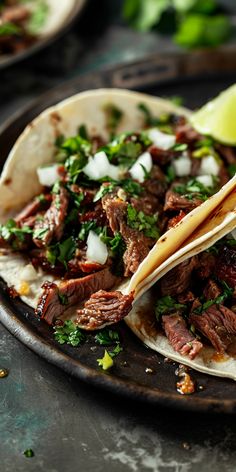 two tacos with meat, onions and cilantro on a plate