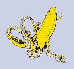 an image of an octopus in yellow and black on a light blue background, with the tentacles curled up