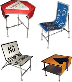 four different types of chairs and tables with signs on the back one is upside down