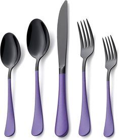 five forks, two spoons and one knife are arranged in the shape of an eggplant