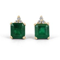 Elegance defined! These emerald and diamond earrings are fashioned in solid 14k yellow gold. These studs feature natural Asscher cut emeralds accented with natural white diamonds. The emeralds have a combined 2.81 total carat weight and a dark green hue that contrasts with the flashing fire of the diamonds. The brilliant round diamonds have a combined 11 points. Perfect for every day! Setting Style: Emerald & Diamond Studs Setting Weight: 2.0 grams Setting Material: 14K Yellow Gold  Main Stone: Gia Certified Green Diamond Earrings For Anniversary, Classic Green Gia Certified Diamond Earrings, Classic Gia Certified Green Diamond Earrings, Classic Green Diamond Earrings, Classic Emerald Diamond Earrings Gia Certified, Emerald Diamond Earrings For Anniversary, May Birthstone, Classic Gia Certified Emerald Diamond Earrings, Formal May Birthstone Diamond Earrings, Fine Jewelry Diamond Earrings For May Birthstone