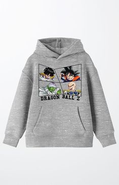 Go super Saiyan and celebrate your favorite anime characters with this Dragon Ball Z sweatshirt. The hoodie features images of Gohan, Goku, Piccolo, and Krillin in irregularly shaped frames while black letters below spell out the series title. The sweatshirt comes in athletic heather with a double-lined hood and a large pouch pocket. Solid color hoodieLong sleevesAttached hoodCustom graphicKangaroo pocketRibbed cuffs and hemMachine washable PacSun Kids Dragon Ball Z Characters Hoodie - Grey size Dragon Ball Z Characters, Favorite Anime Characters, Large Pouch, Super Saiyan, Black Letter, Kids Branding, Grey Hoodie, Dragon Ball Z, Pacsun