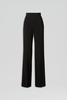 The Tailored High Waist Trouser is designed as a timeless piece. The floor length style is tailored to a straight leg silhouette, and features neatly pressed front creases. The high-rise waist is detailed with zip pocket detailing, and concealed side zip fastening. Style with a printed shirt or Crepe Knit essentials for an elevated evening look. Tailored Black Straight Pants, Tailored Black Pants With Straight Silhouette, Black Tailored Straight Silhouette Pants, Chic Straight Silhouette Evening Bottoms, Black Straight Silhouette Bottoms For Workwear, Black Straight Silhouette Pants For Office, Chic Black Wide Leg Pants With Pressed Crease, Black Business Pants With Straight Silhouette, Black Straight Silhouette Business Pants