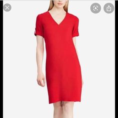 Lauren By Ralph Lauren Women's Dress Red Size14shift V-Neck Cuffed. Color: . Condition Is New With Tags Lined: Yes Sleeve Style: Cap Sleeve Occasion: Any Occasion Style: Shift Dress Look: Spring Dress Length: Knee Length Material: 100% Polyester Zipper: Back Zipper Red Knee-length V-neck Dress For Formal Occasions, Red Shift V-neck Dress, Red Shift Dress With V-neck, Red Short Sleeve V-neck Dress For Spring, Red Shift Midi Dress Knee-length, Red V-neck Dress For Spring Formal, Red V-neck Dress For Formal Spring Occasions, Casual Red V-neck Dress For Spring, Off Shoulder Evening Gown