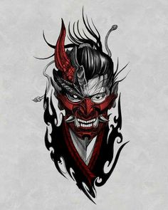 a drawing of a demon with horns on his head