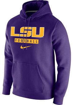 Put your Tigers spirit on display in this LSU Tigers Long Sleeve Hoodie! You'll be cozy on game day in this LSU Mens Purple Club Fleece Football Hooded Sweatshirt. This Tigers Long Sleeve Hoodie features a screen print of LSU Tiger logo over "Football" on front chest. Wear your LSU Tigers spirit with pride in this great Mens Hooded Sweatshirt! Screen print graphic on center chest, Comfy cotton/poly blend, Drawcord on hood, Kangaroo pocket, Ribbing at wrist cuffs, Unisex, Fit: True to Size, 81% C Nike Fan Apparel Hoodie With Drawstring Hood, Nike Hoodie With Drawstring Hood For Sports, Nike Long Sleeve Hoodie For Sports Events, Nike Hoodie With Letter Print, Team Spirit Hoodie With Ribbed Cuffs For Winter, Sportswear Hoodie For Fan Gear In Fall, Fall Sportswear Hoodie For Fan Gear, Fall Sportswear Fan Gear Hoodie, Nike Team-colored Long Sleeve Hoodie