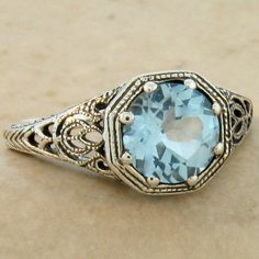 Vintage Estate Natural Sky Blue Topaz Solitaire Filigree Ring. 925 Solid Sterling Silver. Top Of The Ring Measures 9.4mm, Nearly 3/8 Inches In Length. Set With One 8 mm Round Faceted Natural Blue Topaz Stone. Stamped 925. Excellent Condition/Like New. Silver Top, Blue Topaz Stone, Filigree Pendant, Sky Blue Topaz, Sterling Silver Filigree, Topaz Stone, Filigree Ring, Jewelry For Sale, Opal Earrings