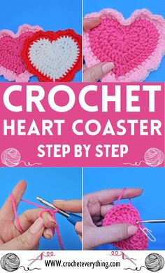 crochet heart coaster is shown with the instructions to make it